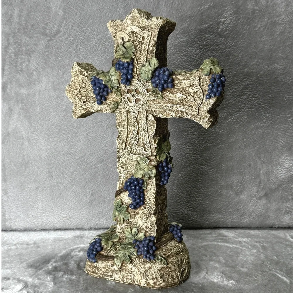 Decorative Grapevine Cross Resin Faux Stone Christian Large Tabletop 16